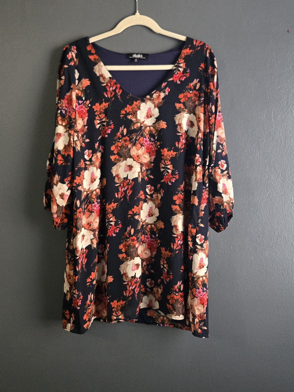 LuLu's Navy Blue Shifting Dears Split Sleeve Floral Print Dress Medium